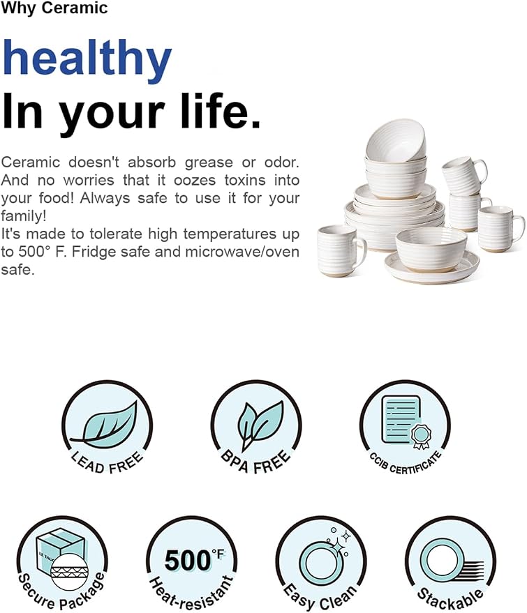 LE TAUCI Ceramic Dinnerware Sets for 4, 16 Piece Kitchen Dish Set with Mugs, Plates and Bowls Sets, Chip Resistant, Microwave & Dishwasher Safe, Arctic White (8"&10" Plate, 28oz Bowl, 12oz Mug)