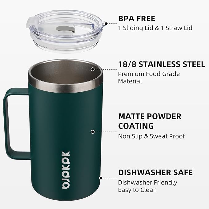 BJPKPK 25oz Insulated Coffee Mug with Handle, Stainless Steel Travel Mug | Keeps Drinks Hot & Cold, Double Wall Vacuum, 2 Lids Included, BPA-Free Coffee Tumbler for Home, Office & Travel