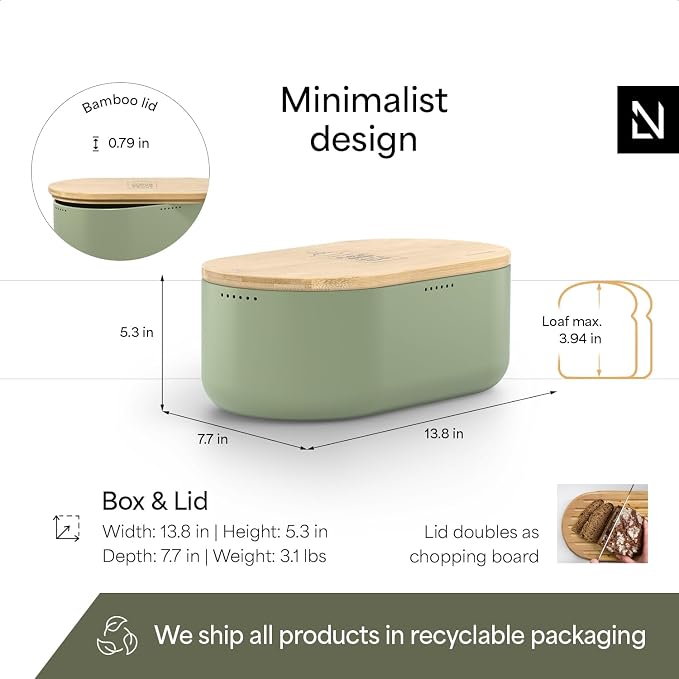 LARS NYSØM Bread Box I Metal Box for long lasting freshness I Bread Bin with bamboo lid usable as cutting board I 13.8x7.7x5.3 In (Nordic Sage)