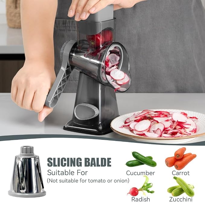 Rotary Cheese Grater Hand Crank Transparent - Shredder Slicer Grinder 3 Stainless Steel Blades, Stable Suction, Labor-Saving Handle, Safe Kitchen Tool for Cheese, Vegetable, Nuts, Chocolate