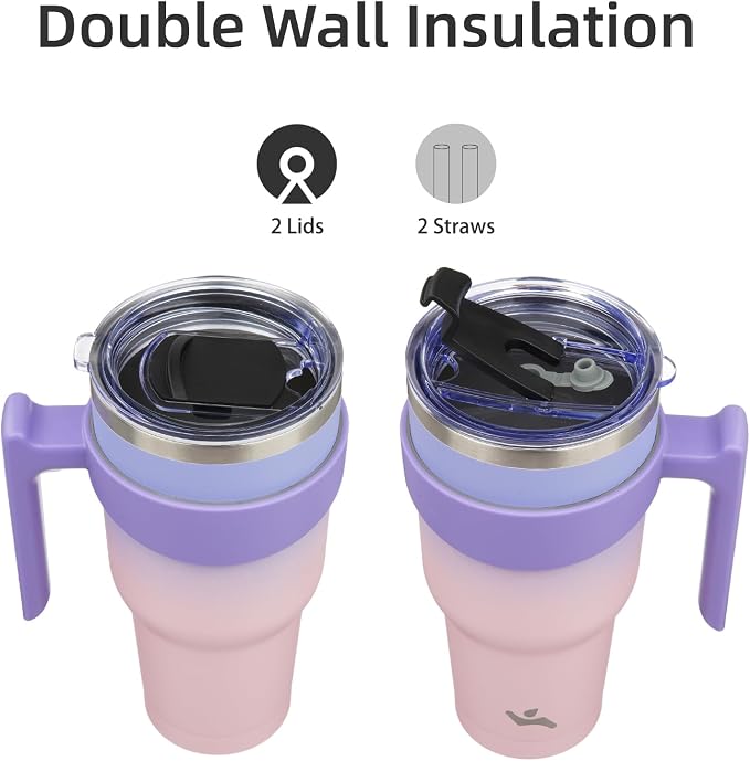 Konokyo 30 oz Tumbler with Handle and Straw, Insulated Travel Mug | Pastel Sunset; BPA-free, leak-proof tumbler with 2 lids, 2 straws, cup holder fit for coffee, office, travel & daily use