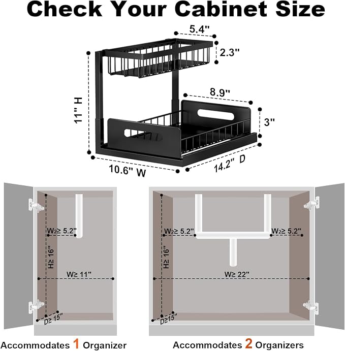 Under Sink Organizer, L-Shaped 2 Tier Pull Out Cabinet Organizer | For Kitchen and Bathroom, Slide Out Under Cabinet Storage, Metal Under Sink Storage with Sliding Drawer, 50 lbs, Black 2 Pack