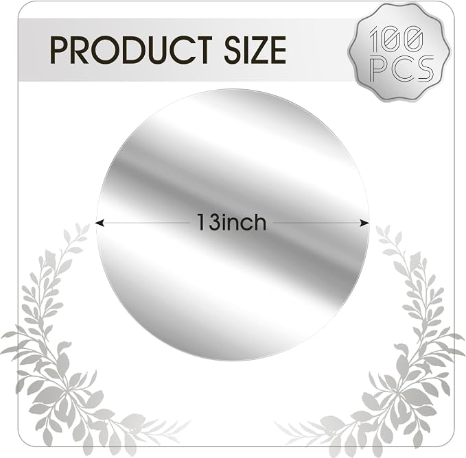 100PCS 13in Round Silver Placemats, Disposable Paper Charger Plate | Paper Placemats for Dining Table, Mirrored Silver Charger Placemat for Kitchen Banquet Table Setting Wedding Birthday Party