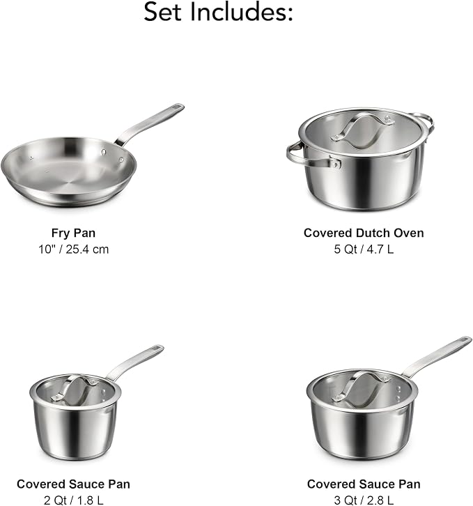 Tramontina Tempo Tri-Ply Base Stainless Steel 7-Piece Pots and Pans Set | Induction-Ready Cookware Set with Lids, Oven-Safe, Dishwasher-Safe