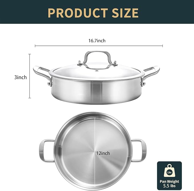 Yeksum 5QT Saute Pan with Lid, 3-Ply Frying pan with Lid large skillet with lid, 12inch Deep Fry Pan, Healthy 18/10 Frying Pan Stainless Steel, Oven & Dishwasher Safe