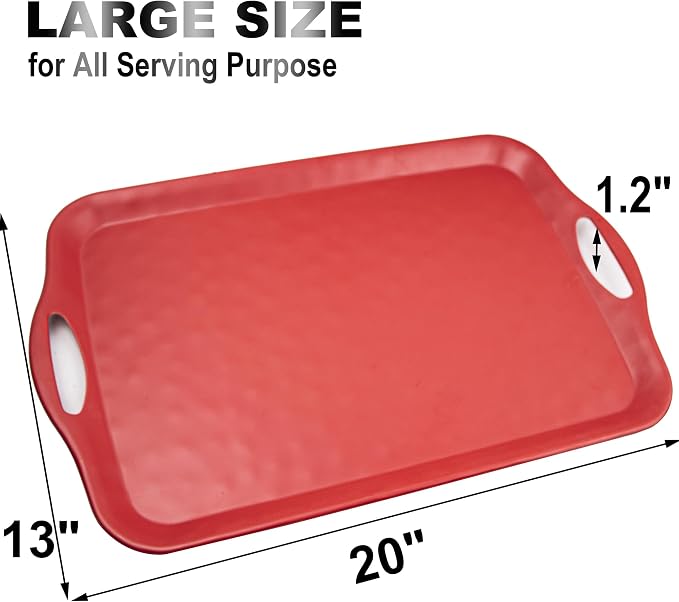 ECOIOU 20x13 inch Extra Large Serving Tray with Handles, Set of 2, Red | Melamine Platters for Serving Food, Turkey, Cookie, Rectangular Trays for Eating, Raised Dots Matt Finished, Dishwasher Safe