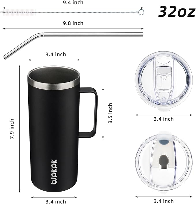 BJPKPK 32oz Insulated Coffee Mug with Handle, Stainless Steel Travel Mug | Keeps Drinks Hot & Cold, Double Wall Vacuum, 2 Lids Included, BPA-Free Coffee Tumbler for Home, Office & Travel