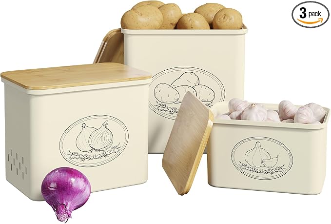 Lifewit Plastic Potato and Onion Storage Bin Box, Set of 3, Beige | Stackable Garlic Keeper, Vegetable Container Box, Aerating Holes & Lid for Pantry Countertop