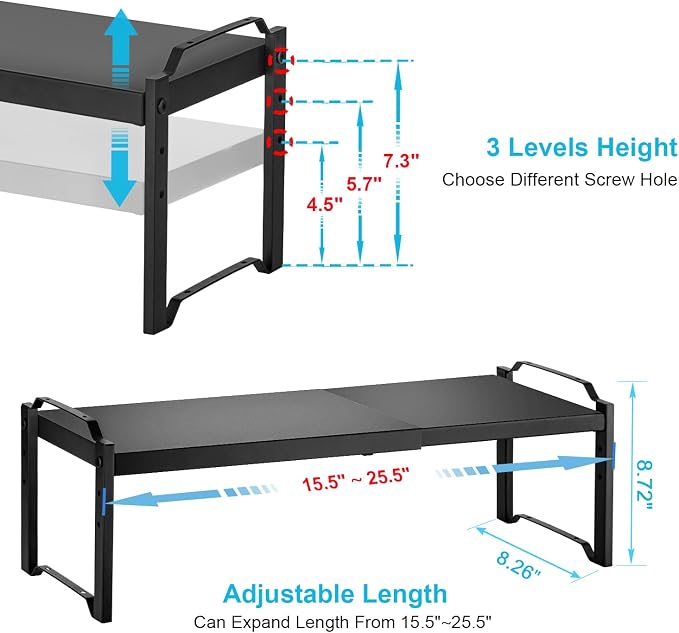 X-cosrack 25.5 Inches 2 Pack Expandable Cabinet Shelves, Stackable Shelf Organizer for Kitchen Cabinet Countertop Storage, Adjustable Counter Cupboard Pantry Organizer Shelf Rack Stand Riser, Black