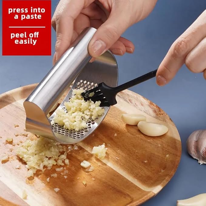 Garlic Press Rocker, Stainless Steel Garlic Mincer and Heavy Duty Stainless Steel Garlic Press Garlic Crusher,mincer tool Easy-Squeeze Garlic Tool with Peeler Cleaning Brush for Smashing Garlic