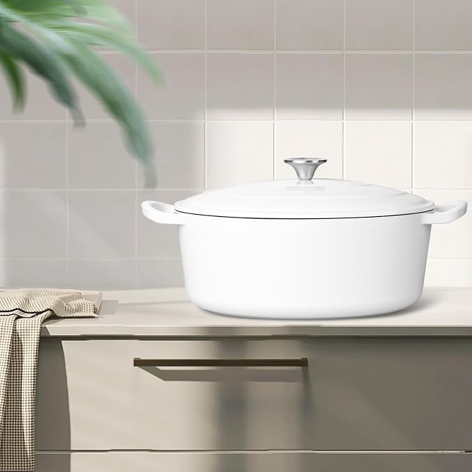 7 Quart Oval Dutch Oven with Lid, Leonyo 7QT Enameled Oval Cast Iron Dutch Oven for Sourdough Bread Breaking, Heavy Duty Cookware for Braising, Stews, Roasting, White