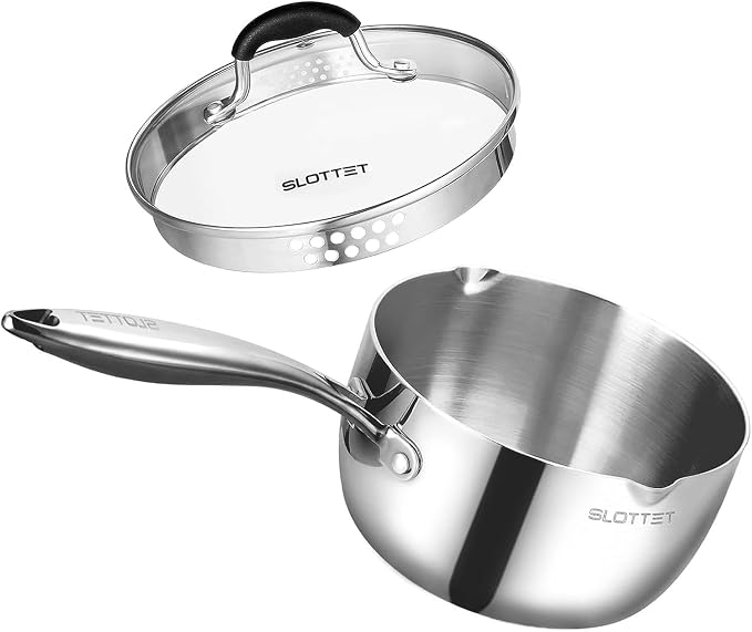 SLOTTET 3.5 Quart Stainless Steel Saucepan with Pour Spout, Tri-Ply Full Body Small Multipurpose Pot with Strainer Glass Lid, 3 Qt Sauce Pan for Cooking with Stay-cool Handle.