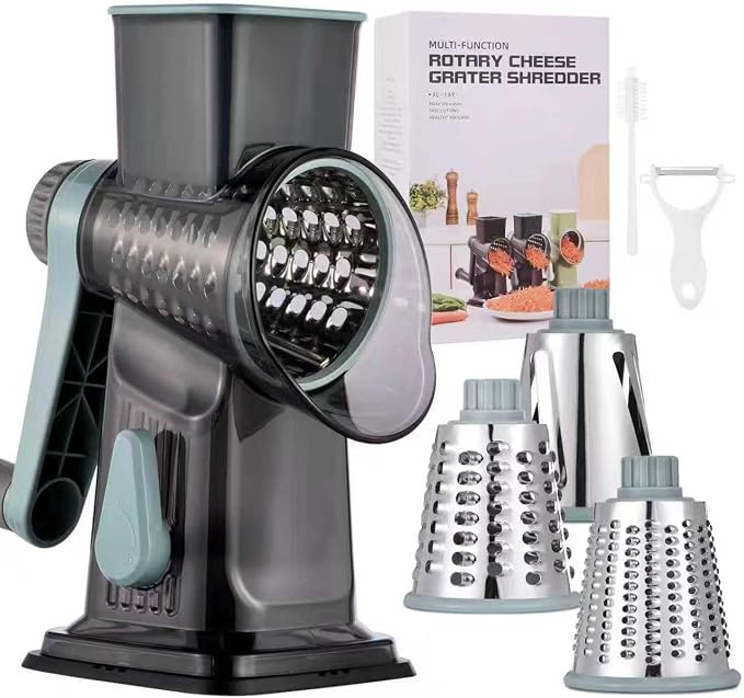 Rotary Cheese Grater with Handle Kitchen Shredder Slicer Grater Slicer Ice Shaver Cheese Vegetable Nuts Potato Zucchini Chocolate 3 Interchangeable Blades (GreyBlue)