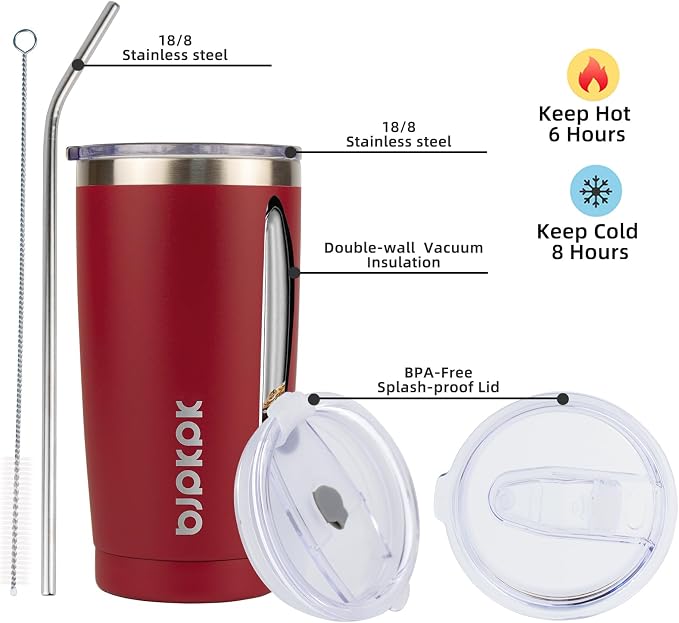 BJPKPK 20oz Coffee Tumbler with Lid & Straw, Insulated Stainless Steel Mug | Double Wall Vacuum, Keeps Hot/Cold, BPA Free, Leak Proof, Iced Coffee Cup Fit Car Holder, Travel & Beach, Red