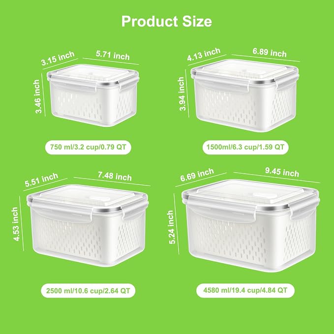 4Pack Fruit Storage Container for Fridge with Removable Colander and Vent | 8 Pieces BPA Free Kitchen Refrigerator Organizers Plastic Fruit Containers for Fridge for Fruit Berry Salad Lettuce