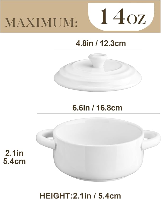 MALACASA Mini Cocotte Set of 4, 14 OZ Ceramic Casserole Dishes with Lids | Single Serving Small Dutch Oven Set, Lasagna, Soufflé, French Onion Soup, Pudding, Oven, Dishwasher Safe with Handles, White