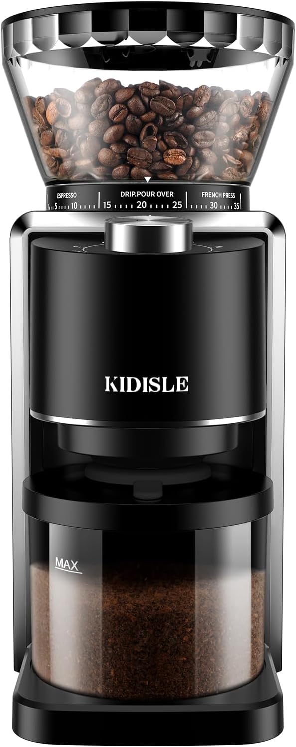 KIDISLE Conical Burr Coffee Bean Grinder, 35 Settings, Anti-Static, Black | For Espresso, French Press, Pour-Over, Drip, Grinds 2-12 Cups, Electric Grinding, Easy Clean, Removable Parts, Compact Design