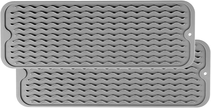 ZLR Small Dish Drying Mat for Kitchen Counter, 6"x17", 2-Pack, Dark Gray | Narrow Silicone Drainer for Apartment, Dorm & RV, Wavy Ridges Quick-Dry, Non-Slip, Rolls Up, Dishwasher Safe