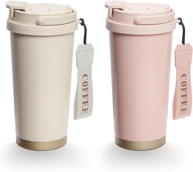 2 Pack 17oz Insulated Coffee Mug, Leakproof Travel Coffee Tumblers With Strap, Vacuum-Insulated Stainless Steel Reusable Coffee Cup for Hot & Cold Drinks