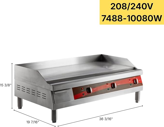 Commercial Electric Griddle 36", 208/240V, 7488W–10080W, for Restaurant