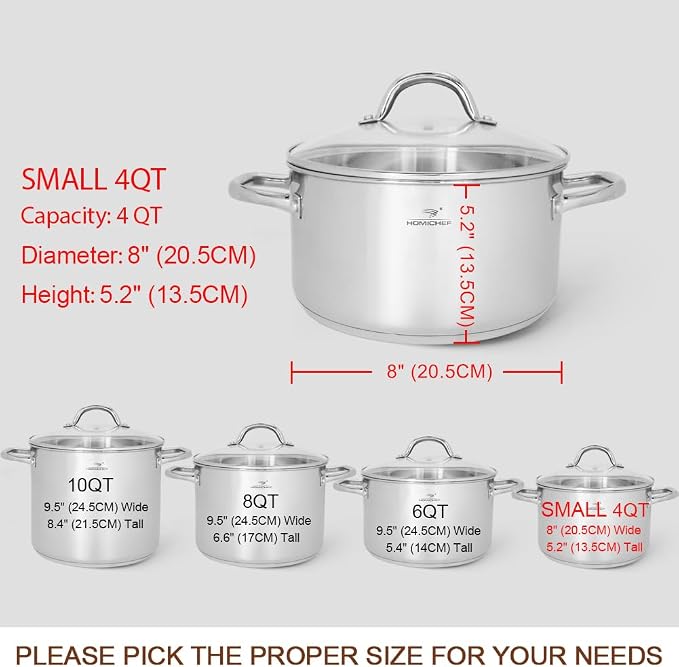 HOMICHEF Small Stock Pot 4 Quart Nickel Free Stainless Steel - Small 4Qt Stockpot With Glass Lid - Soup Pot Cooking Pot 4 Quart