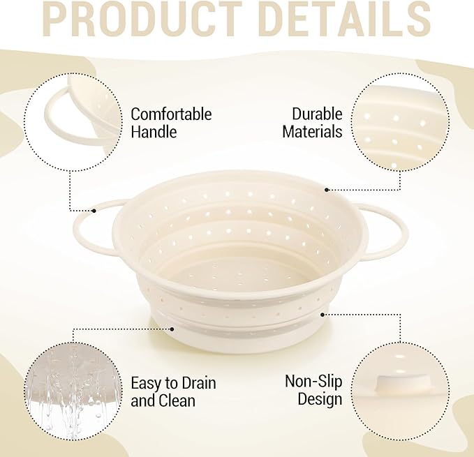 3 Pack Collapsible Colander with Strainer Bowl Set,White | 11 & 13 In Silicone Colanders for Kitchen, Heat-Resistant Strainer Dishwasher Safe Baskets for Vegetable Fruits