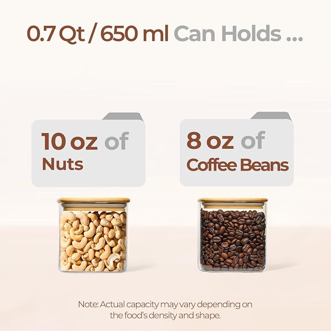 ComSaf Square Glass Containers with Lids 0.7 Qt, Set of 9 Small Galss Jars | Small Kitchen Canisters, Spice Jar, Pantry Organizers, Family Snack Station, Size For Subpackage, BPA Free, Cookie, Dry Food