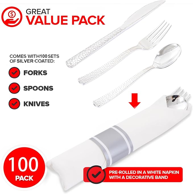 400PCS Silver Wrapped Silverware Set Disposable Hammered for Wedding | Pre-Rolled and Individually Wrapped, 100 Guests, Durable and Sturdy, BPA free, Includes Matching Napkins, for Upscale Dinners