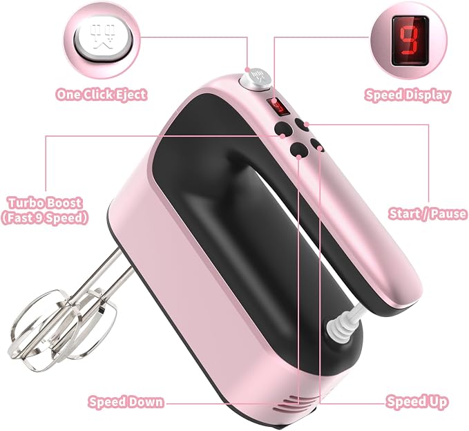 Yomelo 9-Speed Digital Hand Mixer Electric, 400W Powerful DC Motor, Hand Mixer Electric Handheld with Snap-On Storage Case, 5 Stainless Steel Accessories, Beaters, Dough Hooks, Whisk(Rose Gold)