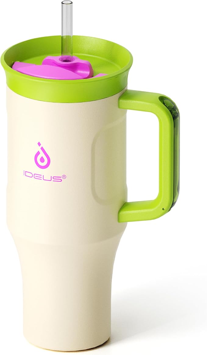Ideus 32 oz Tumbler with Handle and Straw, Cream White | 100% Leak Proof, Double Wall Vacuum Insulated, Stainless Steel Travel Mug, Cup Holder Friendly