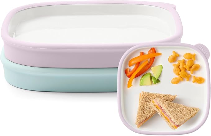 Ello Clean Start Ceramic Toddler Plates with Sleeves, 2 Pack, Dewdrop/Sugarplum