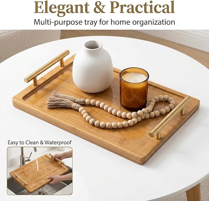 PEKER Wooden Serving Tray with Metal Handles, Black Decorative Coffee Table Tray for Breakfast in Bed, Ottoman & Home Décor, Wooden Food Tray for Kitchen