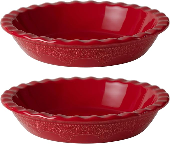Pie Pan, 9 Inch Ceramic Pie Dish, Deep Dish Pie Pan with Lace Emboss, Ruffled Pie Plate for Baking, Thanksgiving Christmas Gifts, Set of 2, Red