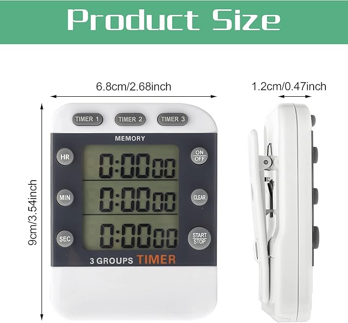 Photect 2 Pcs Digital Kitchen Timer 3 Channels Multi Timer Loud Adjustable Alarm Magnetic Count up Down Memory Preset Battery Included for Cooking Baking BBQ Study Classroom