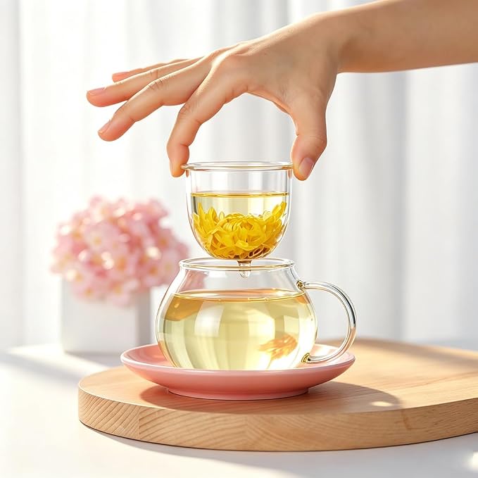Mushroom Tea Cup Set, Cute Glass Tea Cups and Saucers, Kawaii Teacup with Infuser for Loose Leaf Tea Steeper, Coffee Mugs Birthday Gifts for Women, Tea Infuser Mug with Lid for Mother Girls (Orange)