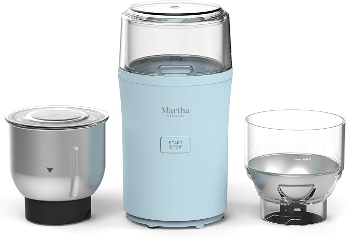 Martha Stewart Electric Coffee & Spice Grinder with Dual Bowls, Sky Blue | Dual 2.5oz Removable Bowls for Coffee Beans, Nuts, Herbs & Spices, Stainless Steel Blade, One-Touch Pulse Control, Easy Clean