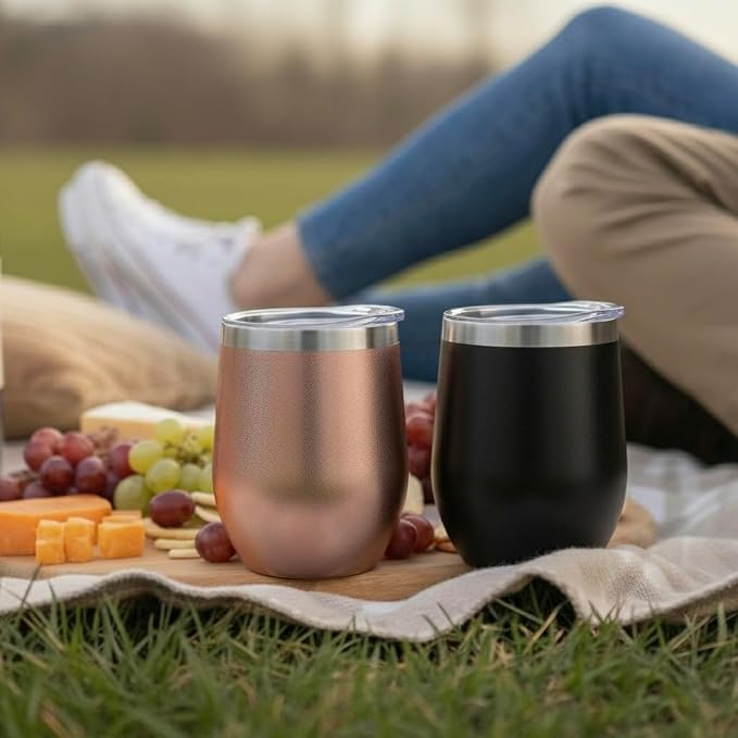 CHILLOUT LIFE 12 oz Stainless Steel Wine Tumblers 2 Pack - Double Wall Vacuum Insulated Wine Glasses Cups with Lids and Straws Set Keeping Cold & Hot for Coffee, Beer, Ice Cream (Rose Gold + Black)