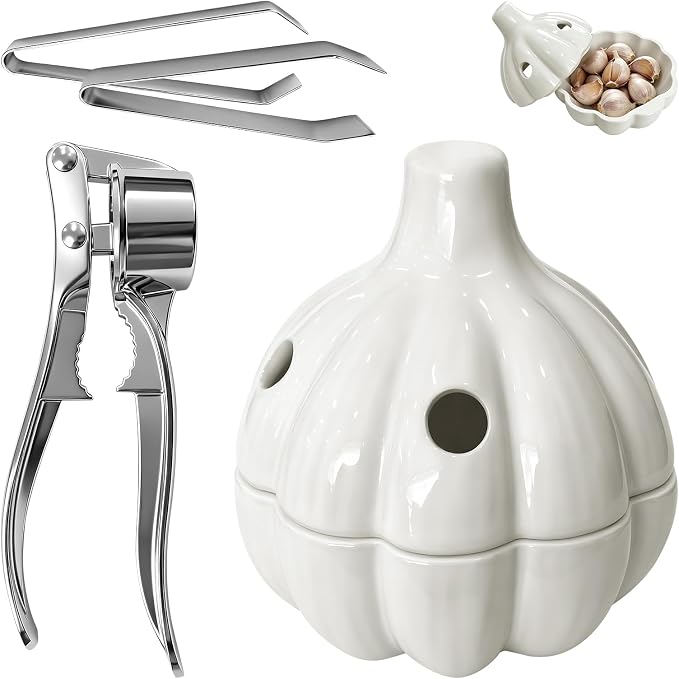 Ceramic Garlic Keeper with Vent Lid, White with Press and Peeler Clip | 4.92 by 5.04 inch holder with vent holes, novelty shape, keeps garlic fresh, fits kitchen countertop