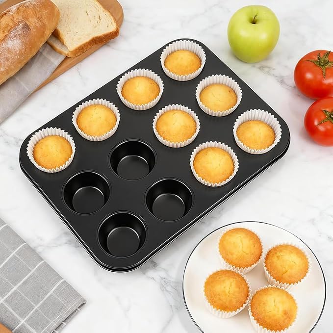 Muffin Pan & Cupcake Pan, 2 Pack 12-Cup Muffin Tin for Baking with 120 Cupcake Liners, Nonstick Heavy Duty Carbon Steel Cupcake Tins, Scratch Resistant Baking Pans Set for Family & Party
