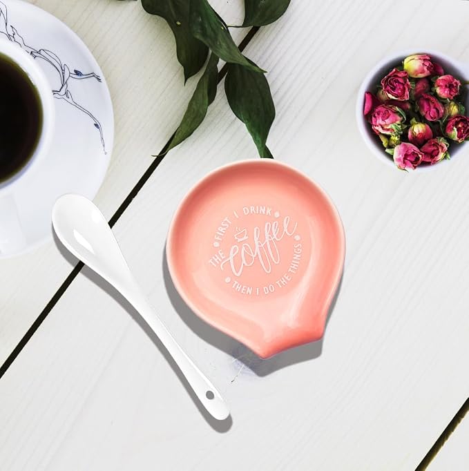 Funny Coffee Quote First I Drink The Coffee Then I Do The Things Ceramic Spoon Holder- Orange Pink Coffee Spoon Rest -Cafe Station Bar Accessories