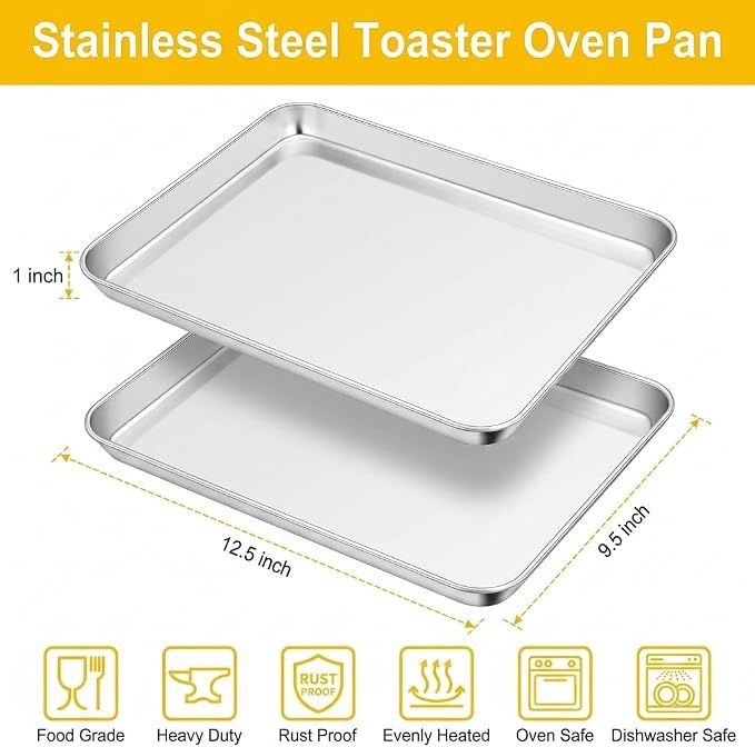 TeamFar Toaster Oven Pan, 12.5"x 9.5"x 1" Stainless Steel Baking Sheet Pan | Set of 2, Toaster Oven Tray Ovenware, Cookie Sheet for Roasting/Cooking, Non-toxic & Healthy, Easy Clean & Dishwasher Safe