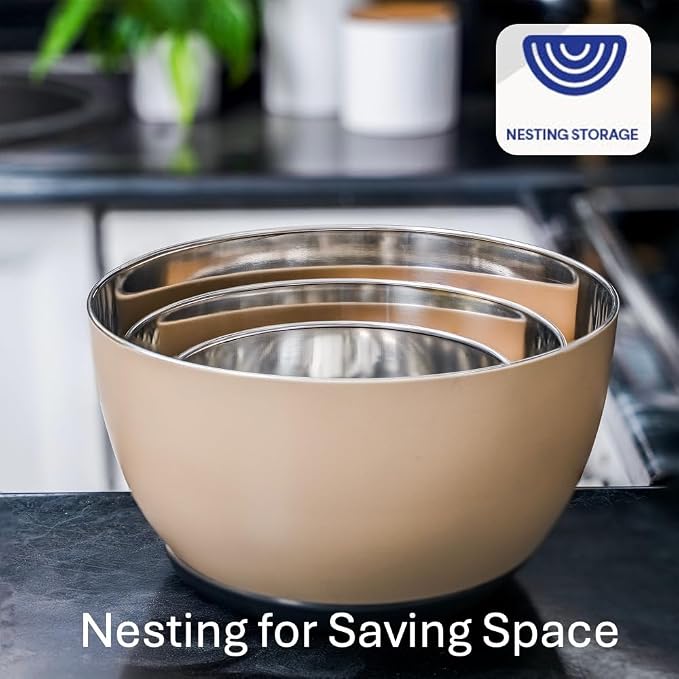 Stainless Steel Mixing Bowls Set, 3-Piece with Silicone Base | 1.5, 3 & 5 Qt Metal Bowls for Meal Prep, Baking, Cooking, Serving & Food Storage, Non-Slip Base, Dishwasher Safe, Tan