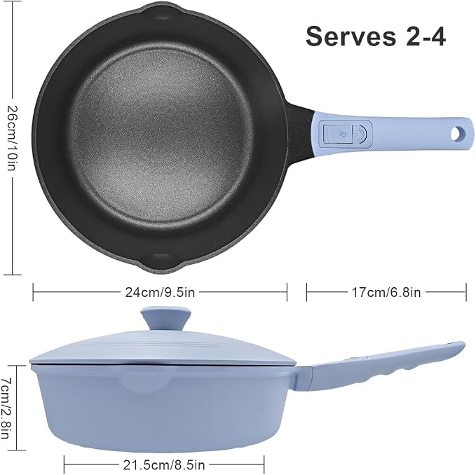 10 Inch Deep Frying Pan Skillet with Lid, Saute Pan Nonstick, Blue | Detachable Handle, Suitable for All Stoves, Including Induction, PTFE & PFAS & PFOA Free, Oven Safe