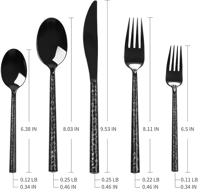Black Silverware Set Round Hammered Handle 20 Pieces Service for 4 | 18/10 Stainless Steel Flatware Set, Hand Forged Heavy Cutlery, Mirror Finished, Wedding Housewarming Gift, Dishwasher Safe
