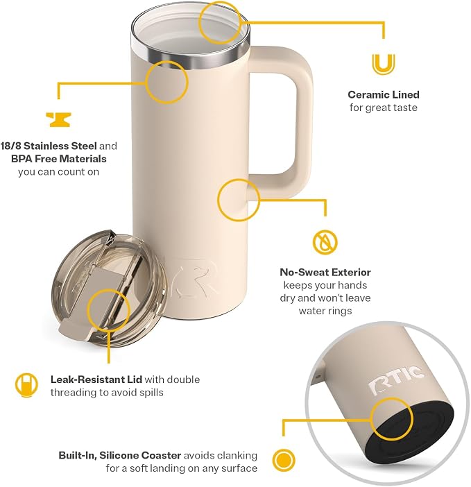 RTIC 20oz Road Trip Travel Mug with Lid and Handle, Ceramic Lined, Beach | Stainless Steel Metal, Insulated Travel Cup for Hot and Cold Drinks, Coffee, Car, Camping and Travel