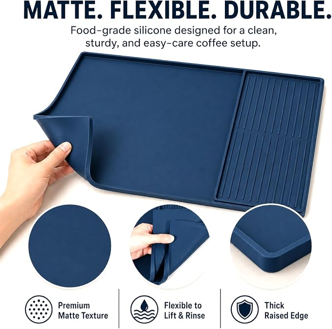 Silicone Coffee Mat 24 x 16 in with Tray, Deep Sea Blue | Coffee bar mat for countertop use, coffee station mat or coffee machine mat with removable tray and 0.47 in raised rim.