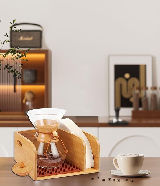 Bamboo Caddy with Lid & Heatproof Trivets Mat for Chemex CoffeeMakers | Bamboo Cup not Included - Designed for Chemex Pour - Over Glass Coffeemaker(3/5/6/8/10Cup), for Bodum Pour Over Coffee makers