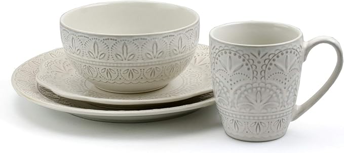 Elama White Lace 16 Piece Round Scallop Stoneware Dinnerware Set in White