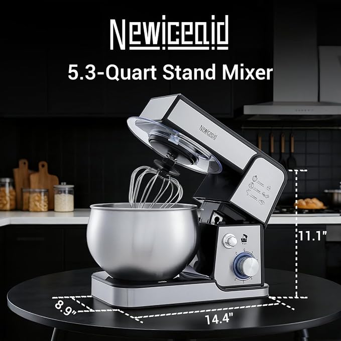 Stainless Steel 6-Speed 5.3QT Stand Mixer | 400W motor, 5.3QT bowl, tilt-head design. Dough hook, beater & whisk. For bread, cakes & dough
