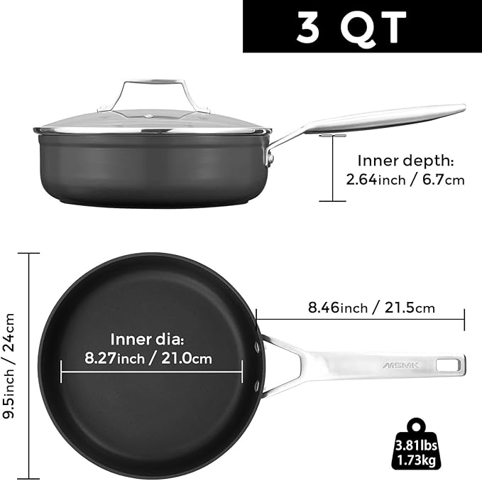 MsMk 3 QT Nonstick Saute Pan with lid, 9.5 inch Induction Deep Frying Pan | Non Toxic, Even Heating, Easy Clean, suitable for gas & electric & induction stove, Dishwasher & Oven Safe, Cerammic